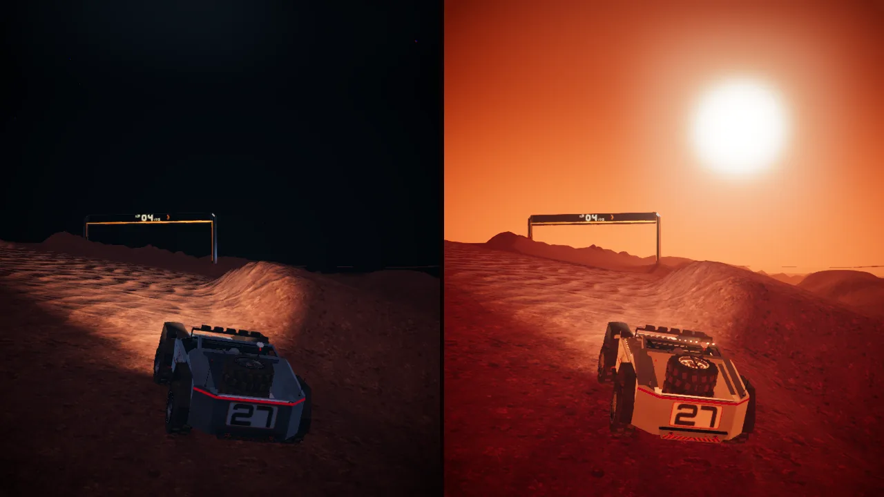 Mars Rally Championship in-game screenshot: two frames of Stage 1, The Eight, from the same spot behind the rover on the climb to gate 4, its summit gate: left at night, the rover's light bar on the regolith under a black sky; right at sunrise, the sun bright in an orange sky. These are the skies the daily challenge rolled for this stage on two days in a row.
