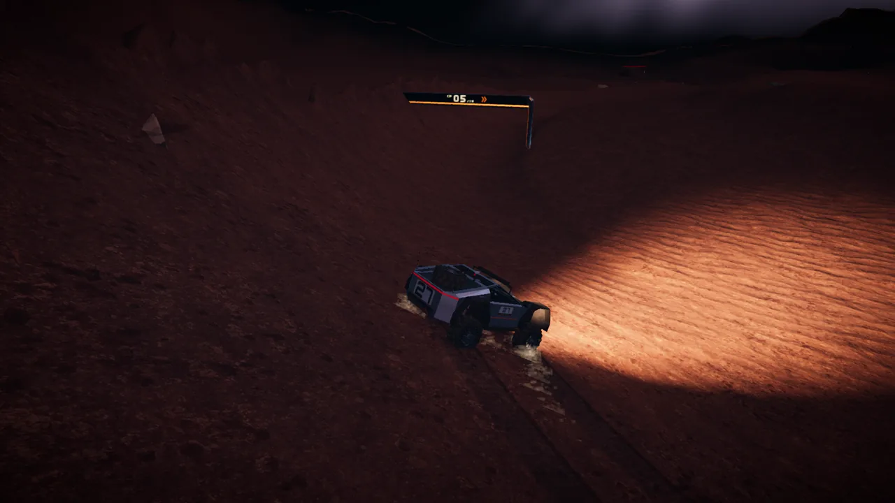 Mars Rally Championship in-game screenshot: the rally rover at night on Stage 1, The Eight, seen from above by the DRONE replay camera, its lights on the regolith and a lit gate ahead, in a board run rebuilt from its input tape.