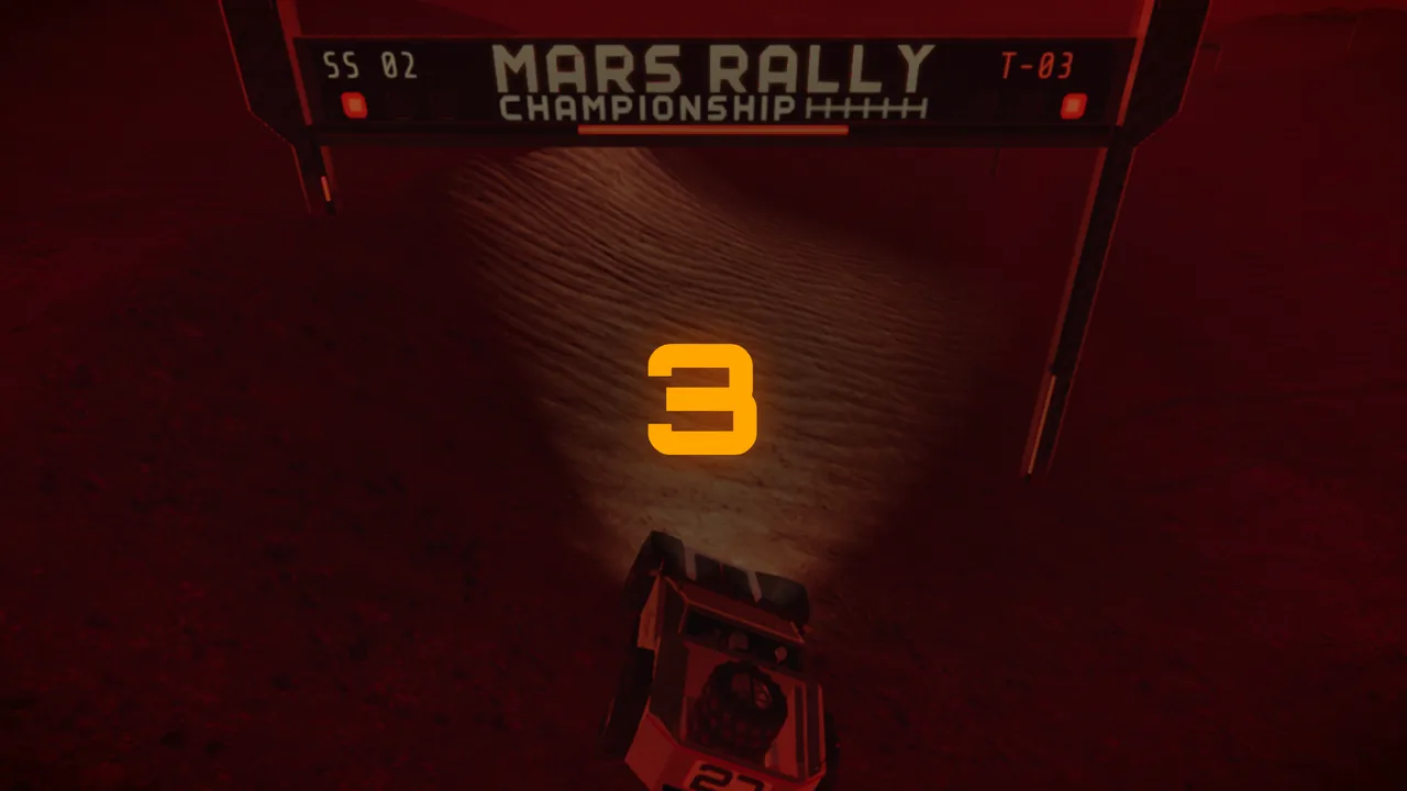 Mars Rally Championship in-game screenshot: the countdown reading 3 under the start arch of Stage 2, The Long Run, the rover's tail in the foreground
