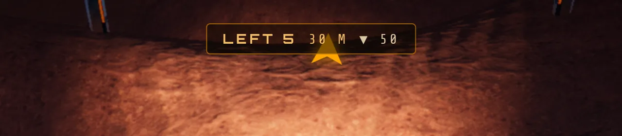 Mars Rally Championship in-game screenshot: a tight crop of the pace-note strip at the top of the HUD, showing the next call, its live distance and the advised speed.