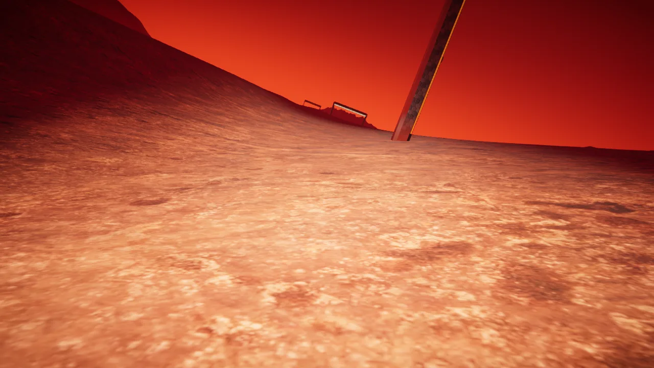 Mars Rally Championship in-game screenshot: Stage 2 from the BUMPER camera, low over the regolith on the climb to gate 5, the rise ahead hiding the ground beyond it.