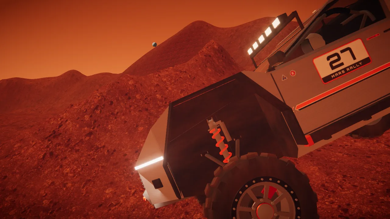 Mars Rally Championship in-game screenshot: close on a front corner of the game's four-wheeled rally rover, its wishbone arms and coilover stretched to full travel as the wheel hangs over a crest