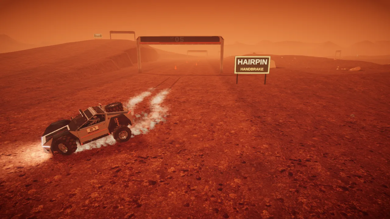 Mars Rally Championship in-game screenshot: the rover pivoting on the handbrake in the Proving Ground hairpin, dust spraying from the locked rear wheels, the HAIRPIN HANDBRAKE board behind it