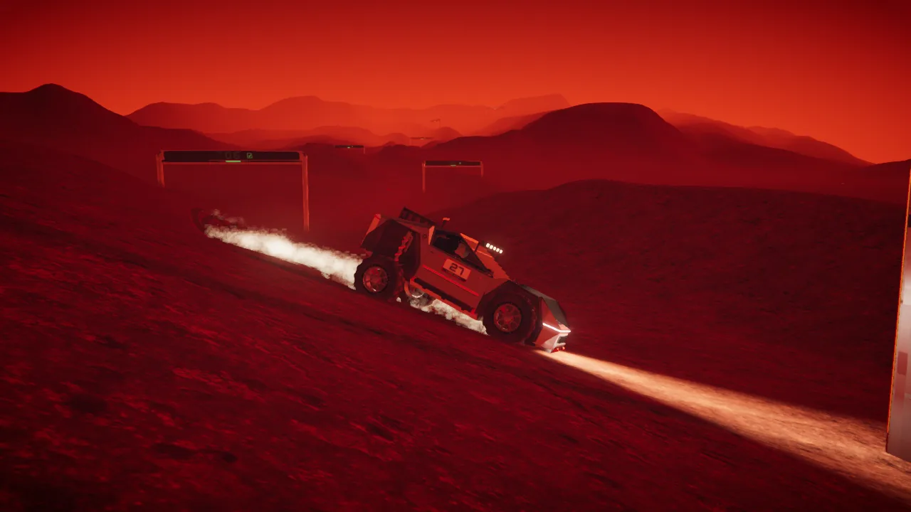 Mars Rally Championship in-game screenshot: the rover cresting the four-metre rise into Stage 1's left five at 825 m, the gate posts on the crest and the finish straight beyond.