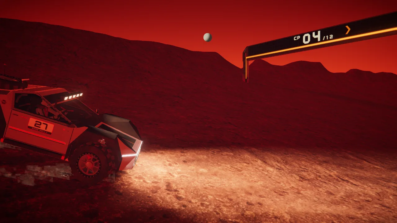 Mars Rally Championship in-game screenshot: the rally rover braking toward gate 3 on Stage 2, the gate sign reading CP 04, headlights on the ground and a moon over the ridge