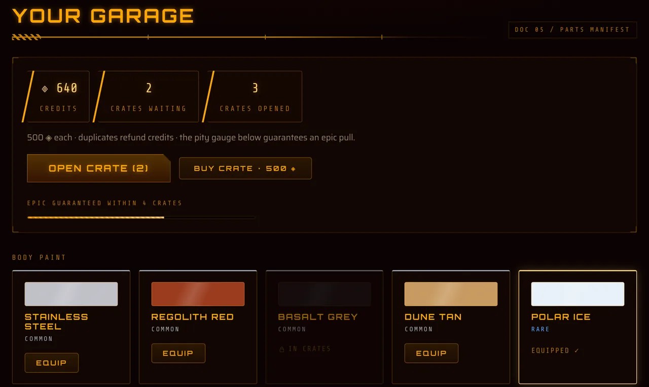 Mars Rally Championship site screenshot: the garage on a test profile, with 640 credits, 2 crates waiting and 3 opened, OPEN CRATE and BUY CRATE buttons, a pity gauge reading EPIC GUARANTEED WITHIN 4 CRATES and the first row of body paints
