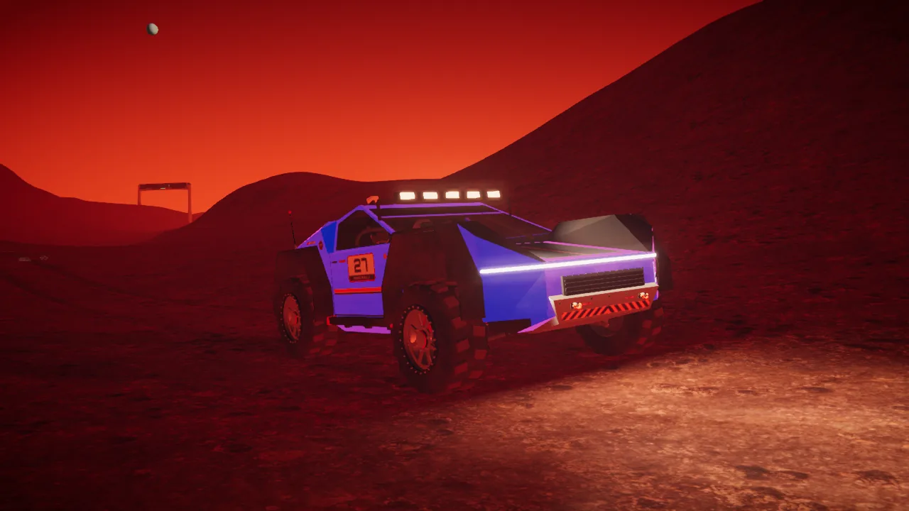 Mars Rally Championship in-game screenshot: the rover in the ION TRAIL paint seen from ahead and to its left at sunset, its body glowing blue under the lit light bar, a moon in the red sky