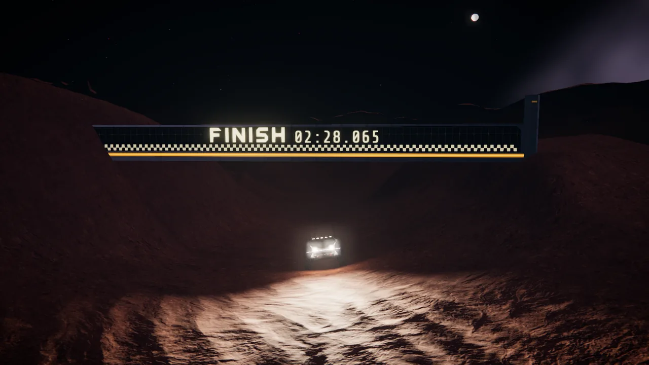 Mars Rally Championship in-game screenshot: Stage 1, The Eight, at night, the rally rover on the finish line with its headlights toward the camera, under the lit FINISH gantry, whose stage clock has stopped on the run's time, 02:28.065.