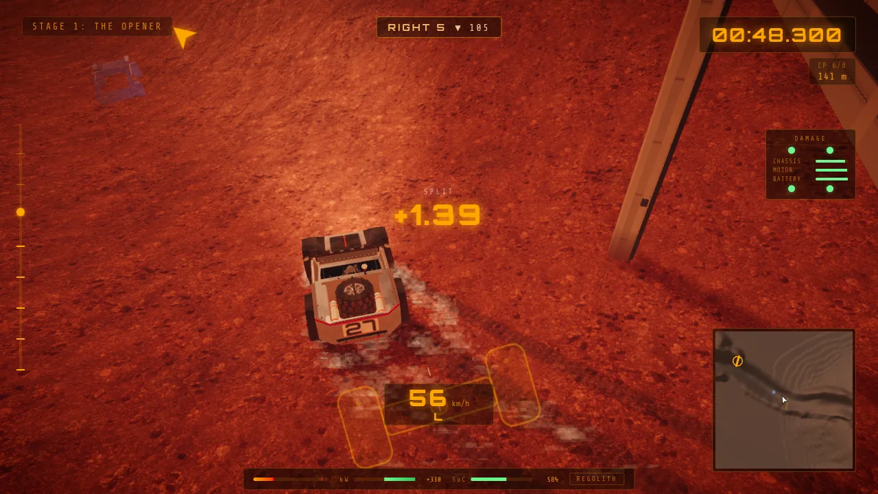 Mars Rally Championship in-game screenshot: the HUD mid-run on Stage 3, the stage timer running and a split against the ghost flashing as the rover crosses a gate.
