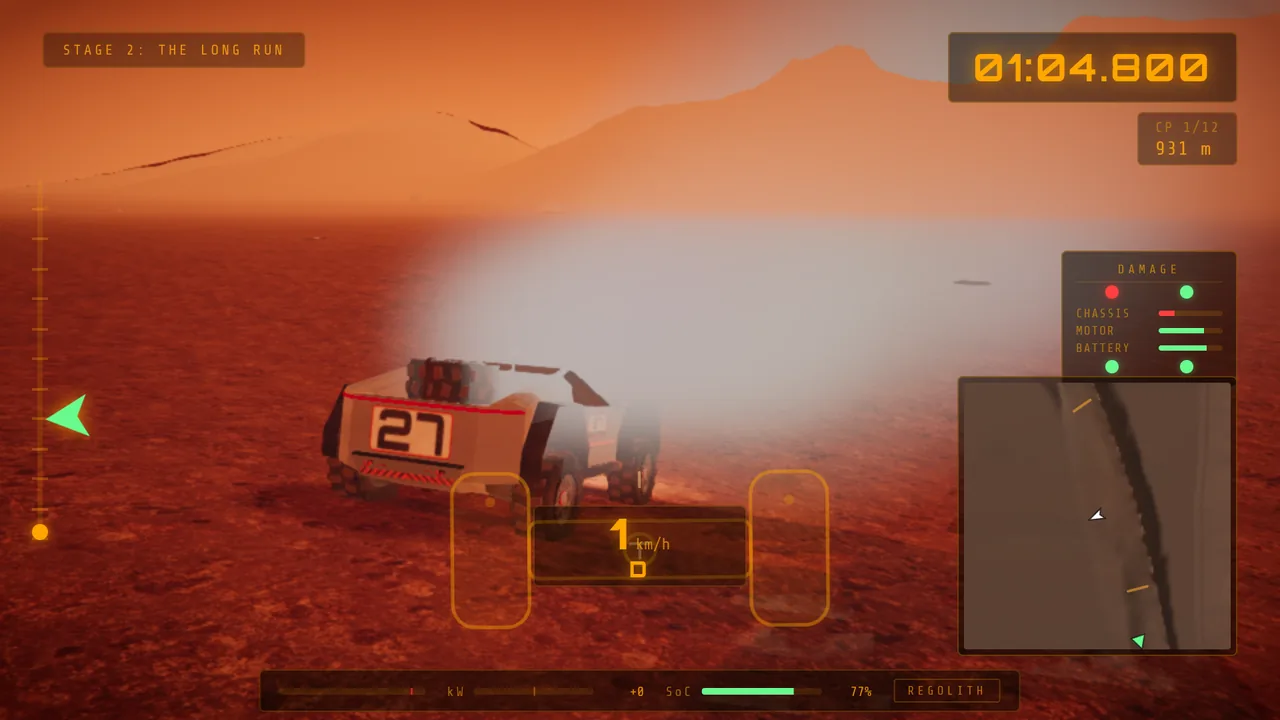 Mars Rally Championship in-game screenshot: the rover stopped and smoking after repeated hits on a boulder on Stage 2, the DAMAGE panel at right showing the chassis, motor and battery bars cut down and red corner markers