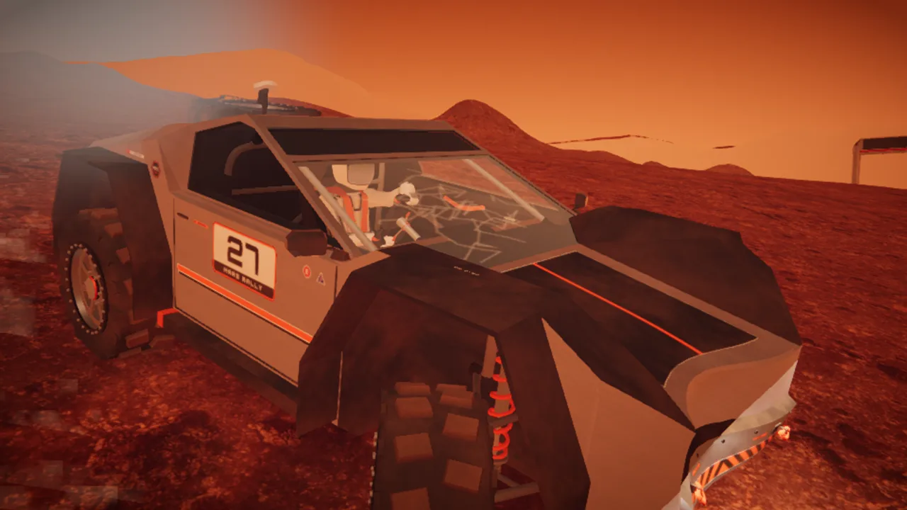 Mars Rally Championship in-game screenshot: the rover's front after six hard hits on a boulder, the nose panel torn away and bent, the windscreen cracked and dust drifting past, seen close from the left