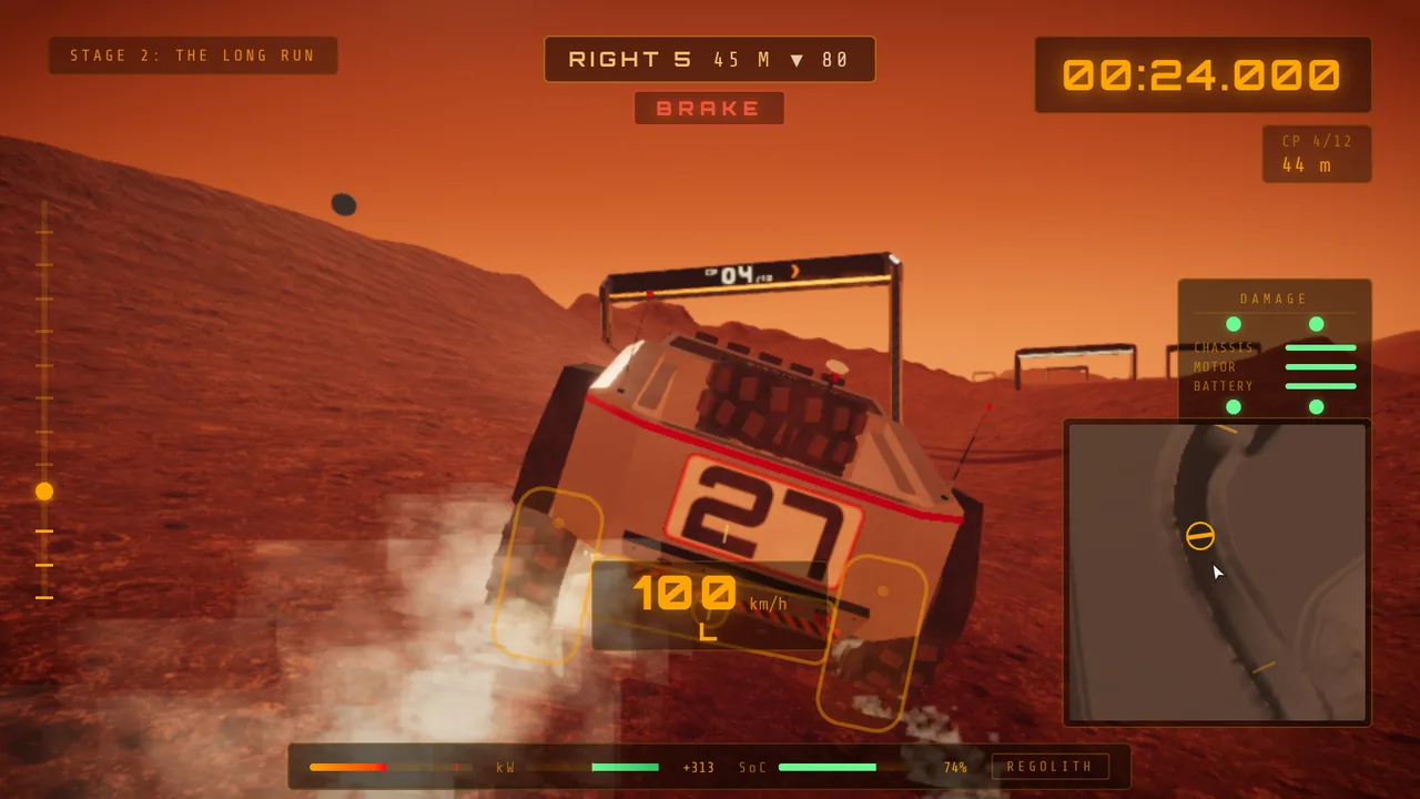 Mars Rally Championship in-game screenshot: the pace-note strip reading RIGHT 5, 45 M, ▼ 80 with the red BRAKE cue lit beneath it, as the rover runs at 100 km/h toward the next gate on Stage 2