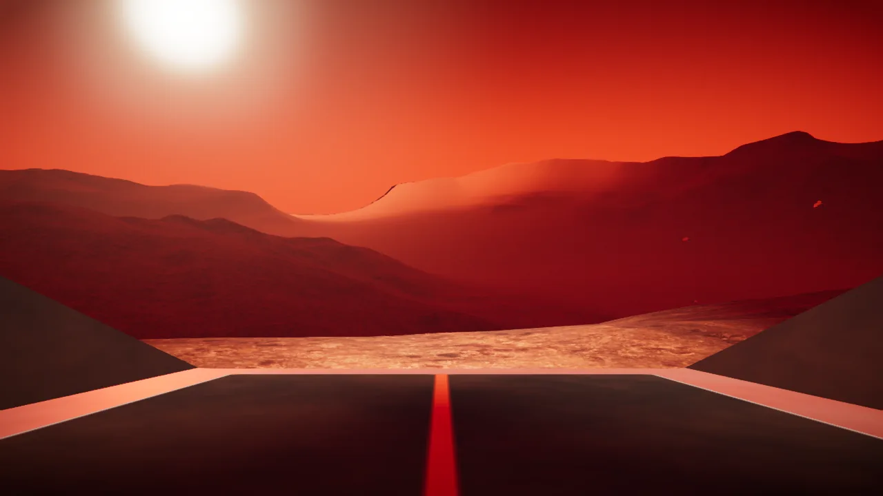 Mars Rally Championship in-game screenshot: the view over the rover's hood from the top of a crest in free roam at sunset, the lit ground ending a short way ahead and a valley and ridges beyond under a low sun