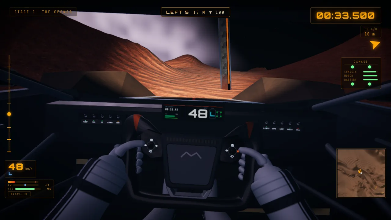 Mars Rally Championship in-game screenshot: the HELMET view at night, the suited pilot's gloves on the yoke and the headlights lighting a patch of Martian ground ahead, darkness beyond