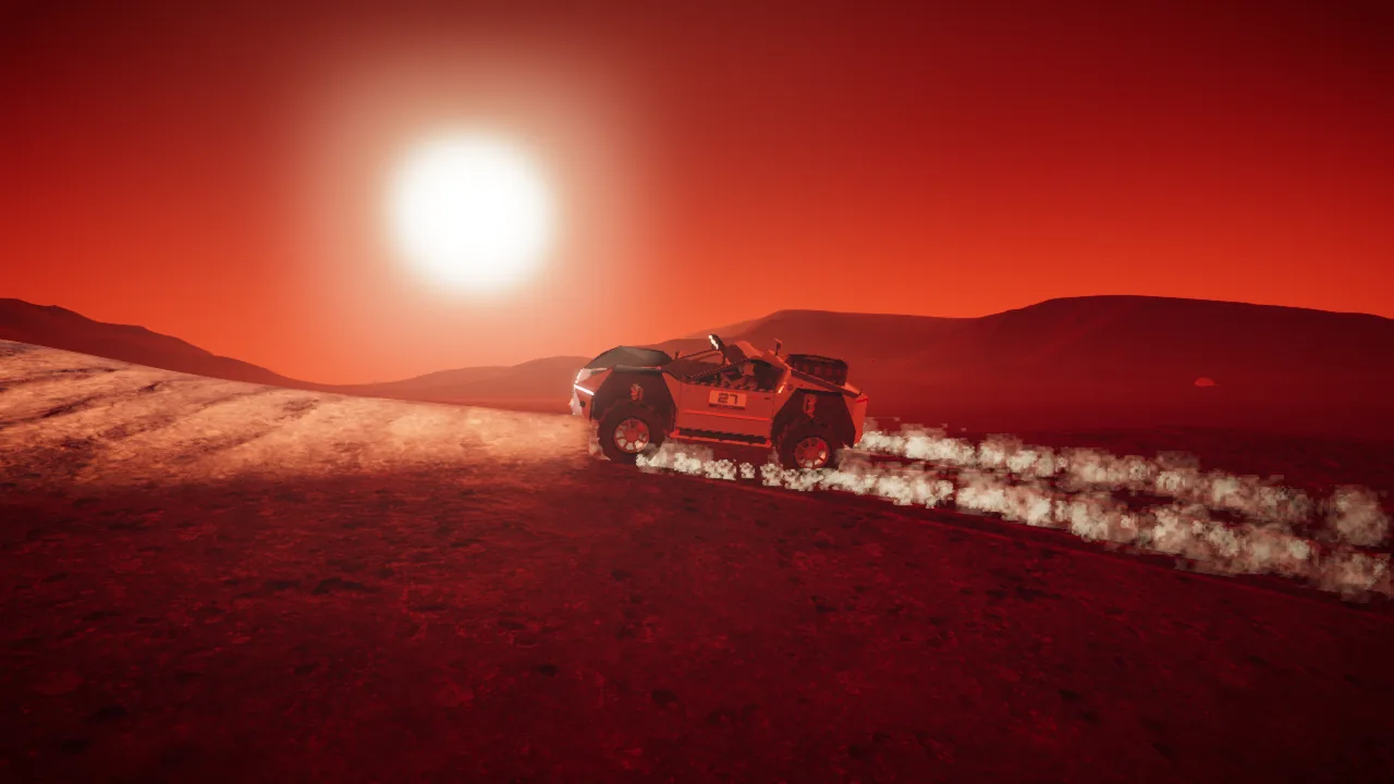 Mars Rally Championship in-game screenshot: the TRACKSIDE replay camera watching the rover pass alone on Stage 3 reversed, one car on the stage against the clock.