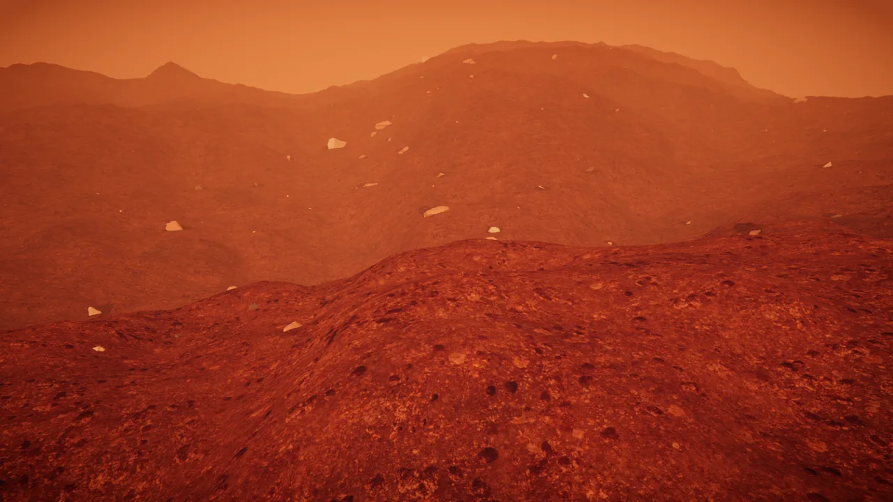 Mars Rally Championship in-game screenshot: sculpted ridges, pitted ground and scattered rocks under a hazy orange sky, not a real place