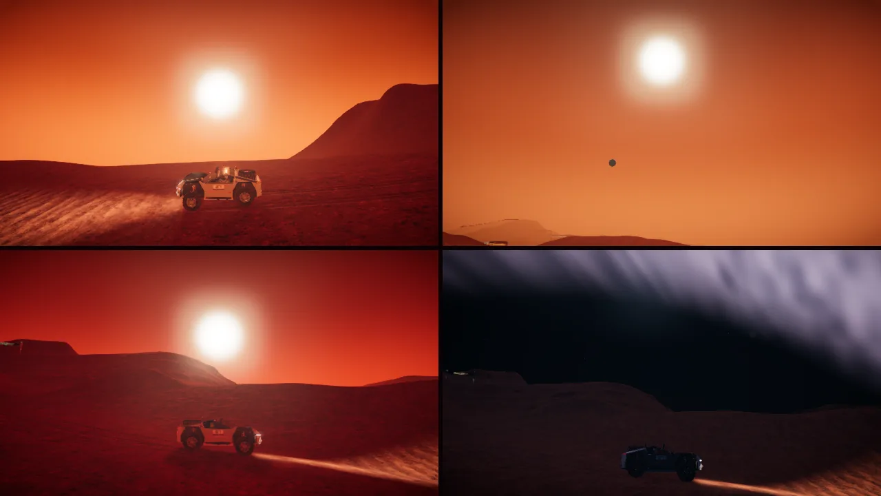 Mars Rally Championship in-game screenshot: the game's four sky presets side by side, SUNRISE, DAY, SUNSET and NIGHT, painted over the same stage